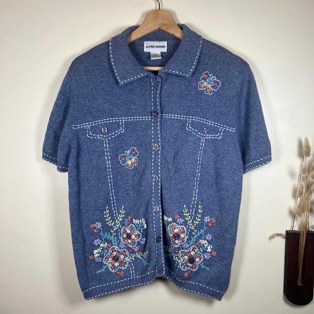 Women's Large Alfred Dunner Floral Embroidered Blue Knit Cardigan Sweater